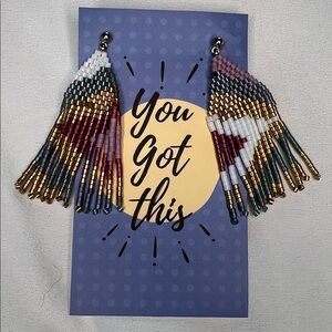 Beaded Fringe Drop Earrings in Green, Pink, Gold & White